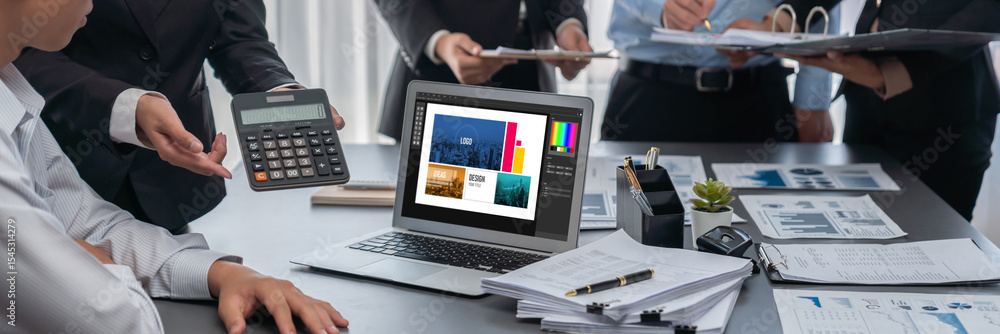 Poster graphic designer software for modern design of web page and commercial brisk ads showing on the comp