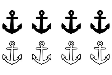 Set of Eight Nautical Anchors Simple Black and White Anchor Illustrations for Design Projects