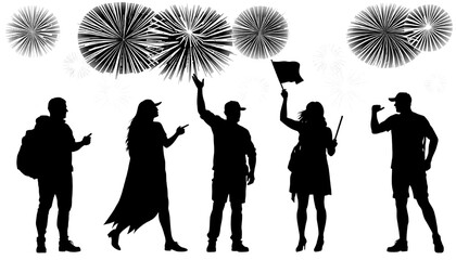Urban Celebration: Dynamic Crowd with Fireworks Silhouette