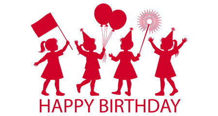 Happy Birthday Celebration Four Silhouettes of Joyful Children with Party Favors