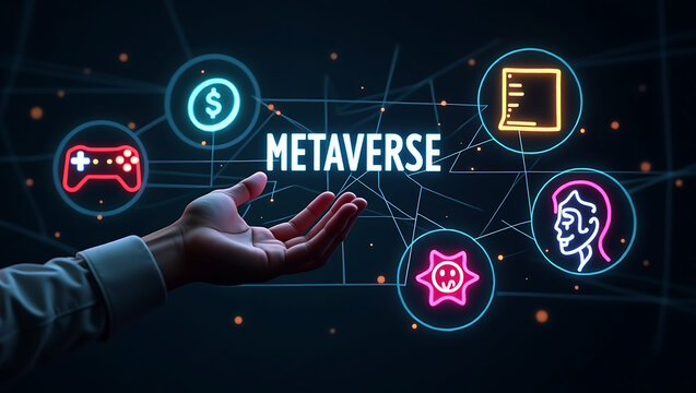 Metaverse Woman Enters Digital Internet 3D Universe with Avatars. Young Creative Female Wearing a Virtual Reality Headset at Home. Next Generation Immersive Social Media Online Metaverse Platform.