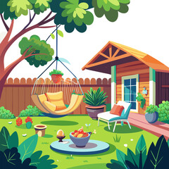 Cozy backyard with hanging chair and plants in pots House patio with fence, furniture for picnic green grass and tree Summer landscape of yard Vector cartoon illustration 