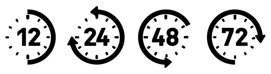 Vector Illustration 12, 24, 48, and 72 Hour Clock Icons – Time Management Graphics