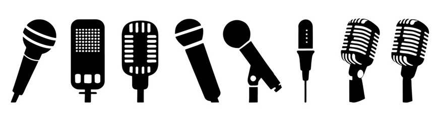 Collection of Microphone Icons Diverse Styles for Audio Recording and Broadcasting