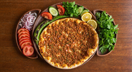 Traditional Turkish Lahmacun with toppings, warm ambient restaurant lighting, top-down view on ceramic plate with fresh vegetables and greens, photorealistic food presentation