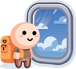 A man with a tourist backpack white window with a view of the sky with clouds