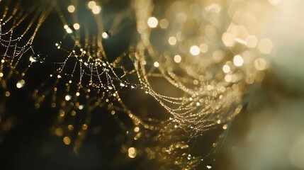 A close up of a spiderweb covered in water droplets glistening in soft golden light