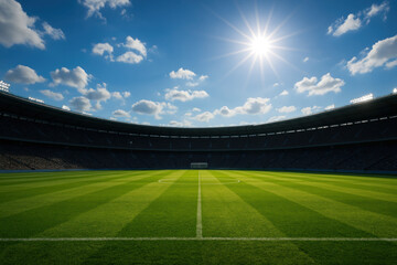Players in red and blue jerseys on a green field with white goalposts under a clear blue sky in a soccer stadium.