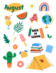 Cute August clipart, sticker set. Vector illustration collection of summer themed elements camping tent, watermelon, cocktail. Monthly clip art, stickers for planners, summertime designs. US Letter