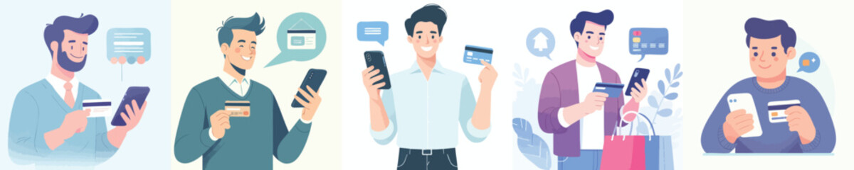 Man Using Smartphone and Credit Card for Online Shopping and Payment – Flat Design Illustration