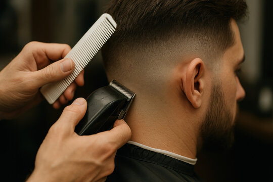 A man getting a haircut by a barber.