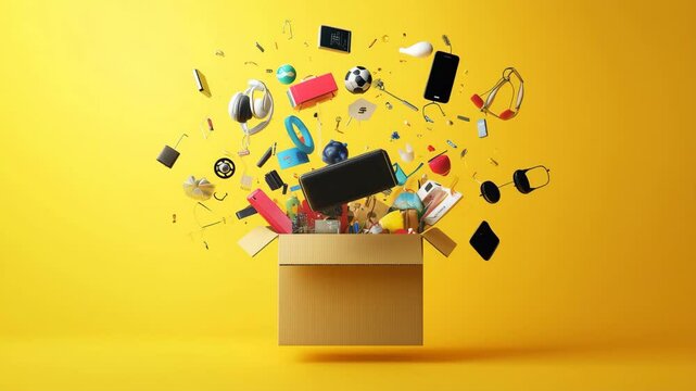 段ボールから飛び出す商品と現代消費のイメージ