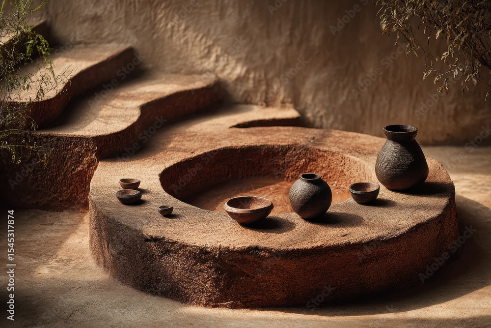 Aufkleber Handmade ceramic vessels arranged on rough stone platforms with shadows, creating a rustic still life setting