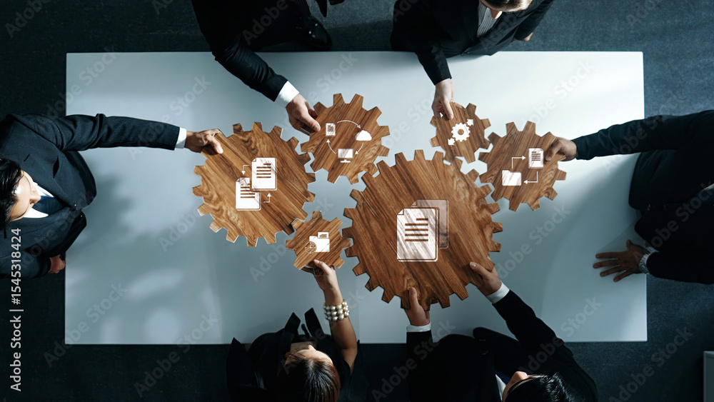 Poster collaborative business management with gears and documents representing teamwork, strategy, and work