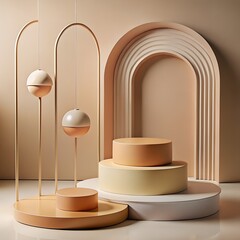 Geometric shapes arranged on a podium with arches in pastel colors create display