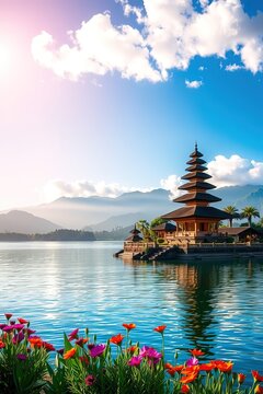 Serene ulun danu beratan temple on lake bratan in bali indonesia