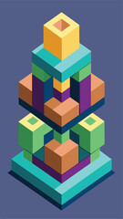 Obraz premium Abstract geometric isometric stacked shapes illustration with multicolored 3d cubes on blue background