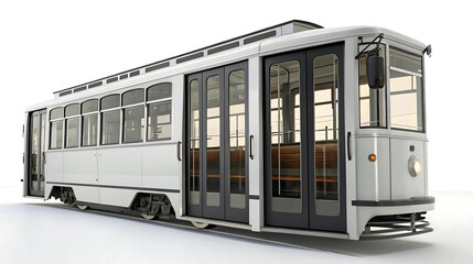 Naklejka premium Classic vintage white tram with glass doors and wooden seats, historical public transport model, urban commuting and retro streetcar design for travel and city concepts