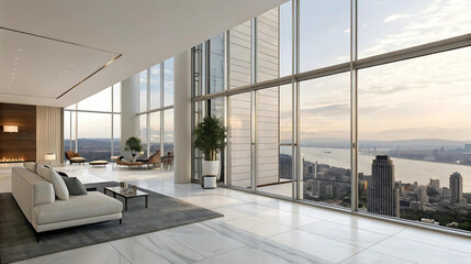 Modern luxury apartment interior with panoramic city view, contemporary living room with large windows, high-rise design for real estate, architecture, and lifestyle themes