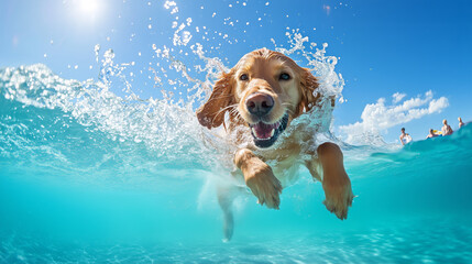 Golden retriever leaps through ocean water on a sunny day, surrounded by splashing turquoise waves and playful beachgoers.