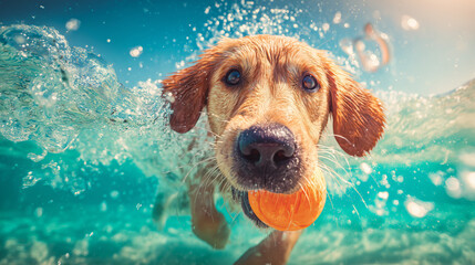 Golden retriever swims underwater, holding an orange ball in its mouth with splashing water around in clear blue pool.