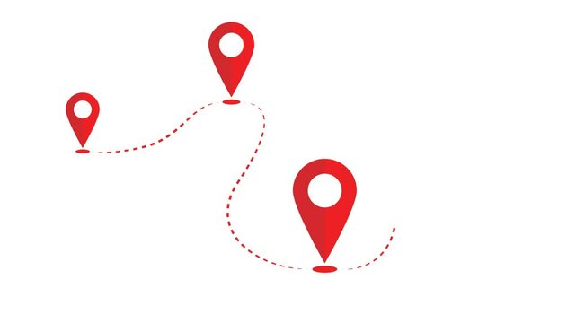 Multiple red location pin icon animations connected by dotted path on white background and green screen. 4K animated for business video, motion graphics, map visuals, navigation, and presentations.