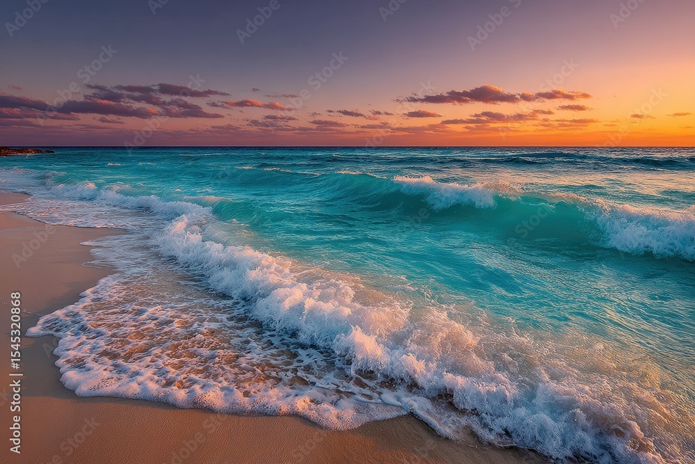 Aufkleber waves crashing on a sandy beach during a beautiful colorful sunset in the golden hour at the coastli