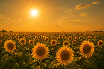 Sunflowers in a field at sunset.