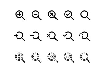 Vector search icon set, zoom in and zoom out symbol illustration.