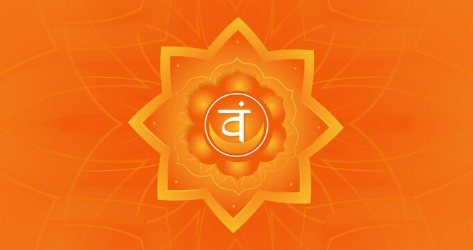 4k animated orange abstract mandala flower background. Second chakra logo place backdrop illustration. Svadhisthana symbol circle frame. Chakras design. Yoga class banner Energy light Meditation loop