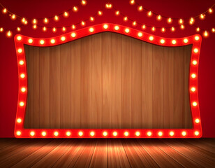 Festive Wooden Stage Backdrop with Red Marquee Lights and String Lights for Events