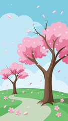Cartoon illustration of cherry blossoms blooming on a springtime meadow landscape