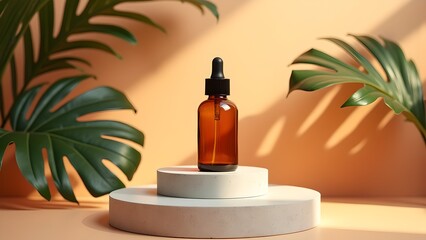 Amber Serum Bottle on Podium with Monstera Leaves. Beauty, Skincare Product Background with Natural Shadows and Studio Light.