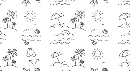 Beach themed seamless pattern with palm trees sun waves umbrella and bikini.