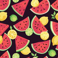 Seamless pattern with lime, lemon, and watermelon on dark chocolate background. Hand-drawn fruity vector design for textiles, wrapping paper, and kitchen decor.
