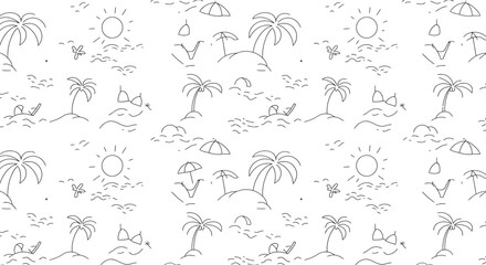 Outlined beach scene with palm trees sun waves umbrella and swimsuit.