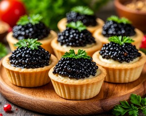 Tartlets with black caviar. A beautiful and original appetizer for the festive table.