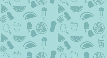 Seamless pattern of summer treats watermelon slices popsicles lemons and refreshing drinks.