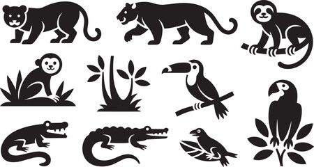 Black and White Tropical Rainforest Animals Icons Set Jaguar Monkey Toucan Crocodile Sloth Parrot vector
