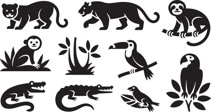 Black and White Tropical Rainforest Animals Icons Set Jaguar Monkey Toucan Crocodile Sloth Parrot vector