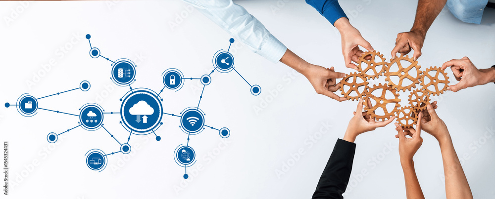 Aufkleber Hands uniting around a network of cloud computing icons symbolize teamwork and innovation in technology, showcasing modern connectivity and collaboration in a digital workspace. Amity