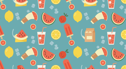 Summer Fruit and Drink Pattern Watermelon Lemon Popsicle Juice and Ice Cubes.