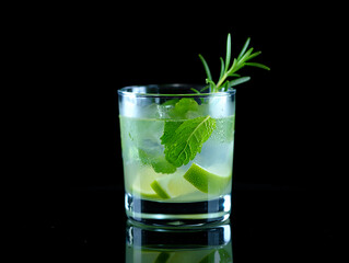 Refreshing mojito cocktail recipe with lime mint and rosemary on black background