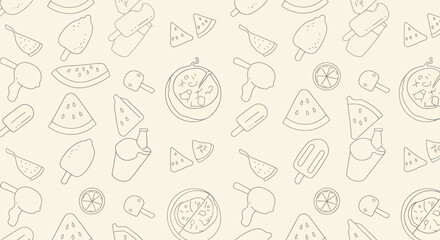 Summer Outlines Watermelon Lemon Ice Cream and Refreshing Drinks Pattern.
