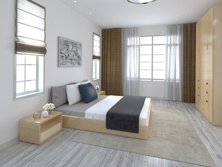 Mock up of a spacious bedroom with a fashionable comfortable bed and a stylish decorative background, 3D rendering.