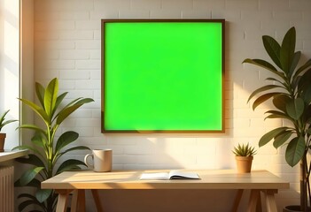 Room with framed green screen portrait above desk for inserting photo or educational campaign artwork
