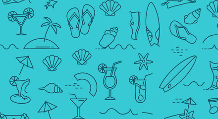 Summer themed pattern with cocktails surfboards shells and flip flops.