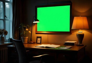 Room with framed green screen portrait above desk for inserting photo or educational campaign artwork