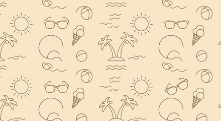 Summer themed pattern with palm trees sunglasses sun ice cream and beach ball.