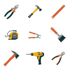 set of tools vector element, hammer, tool, construction, work, icon, tools, equipment, vector, screwdriver, repair, set, metal, building, steel, object, brush, saw, illustration, nail, wrench, design